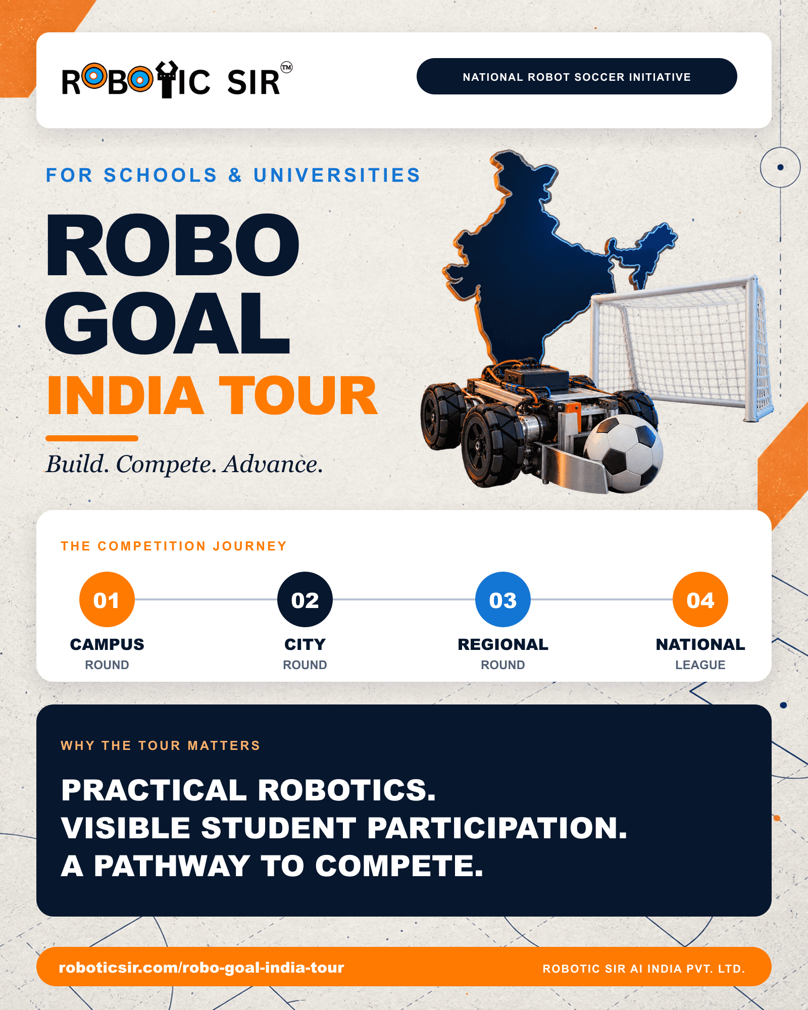 Robo Goal India Tour campus-to-national-league flyer