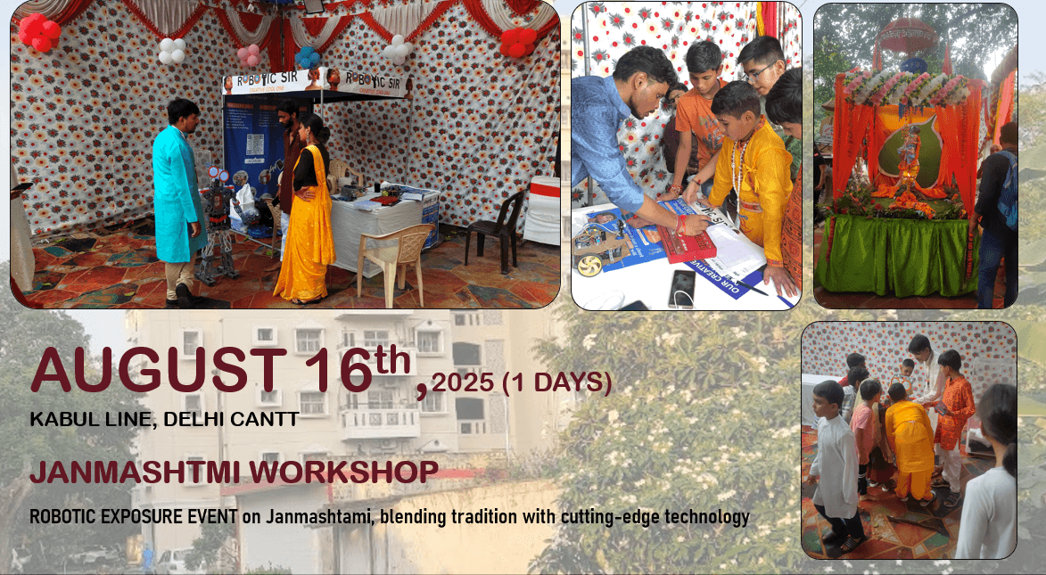 Janmashtami robotics showcase featuring a humanoid robot and robotic arm at Kabul Line, Delhi Cantt