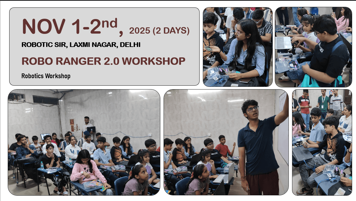 Students building Arduino robotics projects during the Robo Ranger 2.0 Workshop in Laxmi Nagar, Delhi