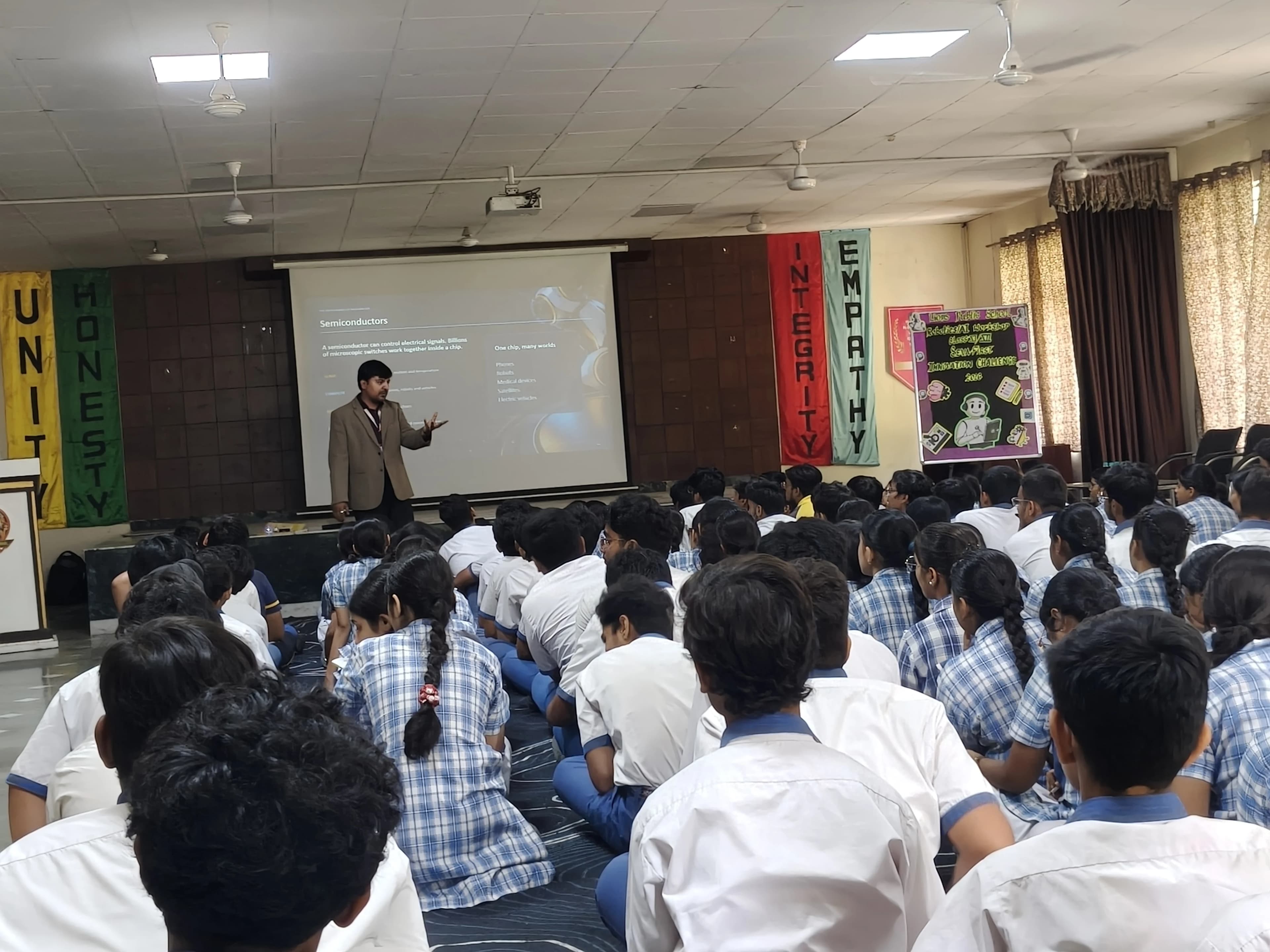 Students attending a practical data, AI, semiconductor and core electronics workshop at Lions Public School.