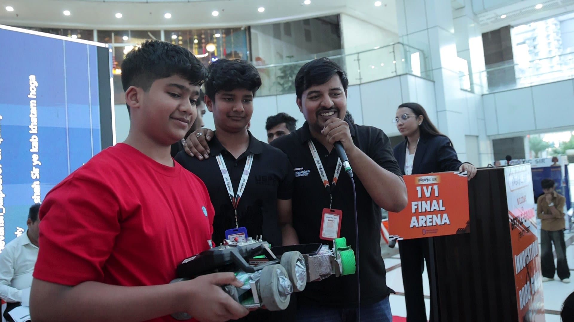 Students competing with self-built soccer robots at Robo Goal India 2026 in Noida