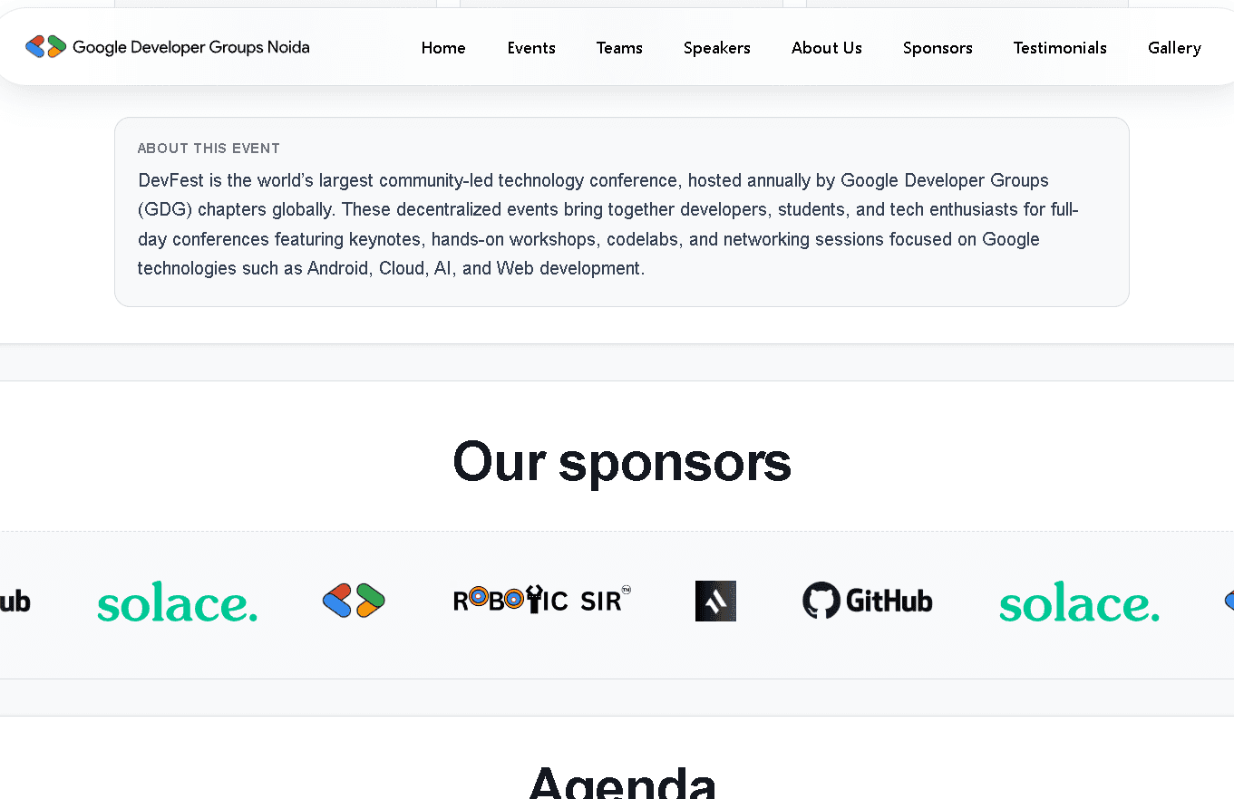 DevFest Noida 2026 stage graphic with multicolour light columns and the event logo