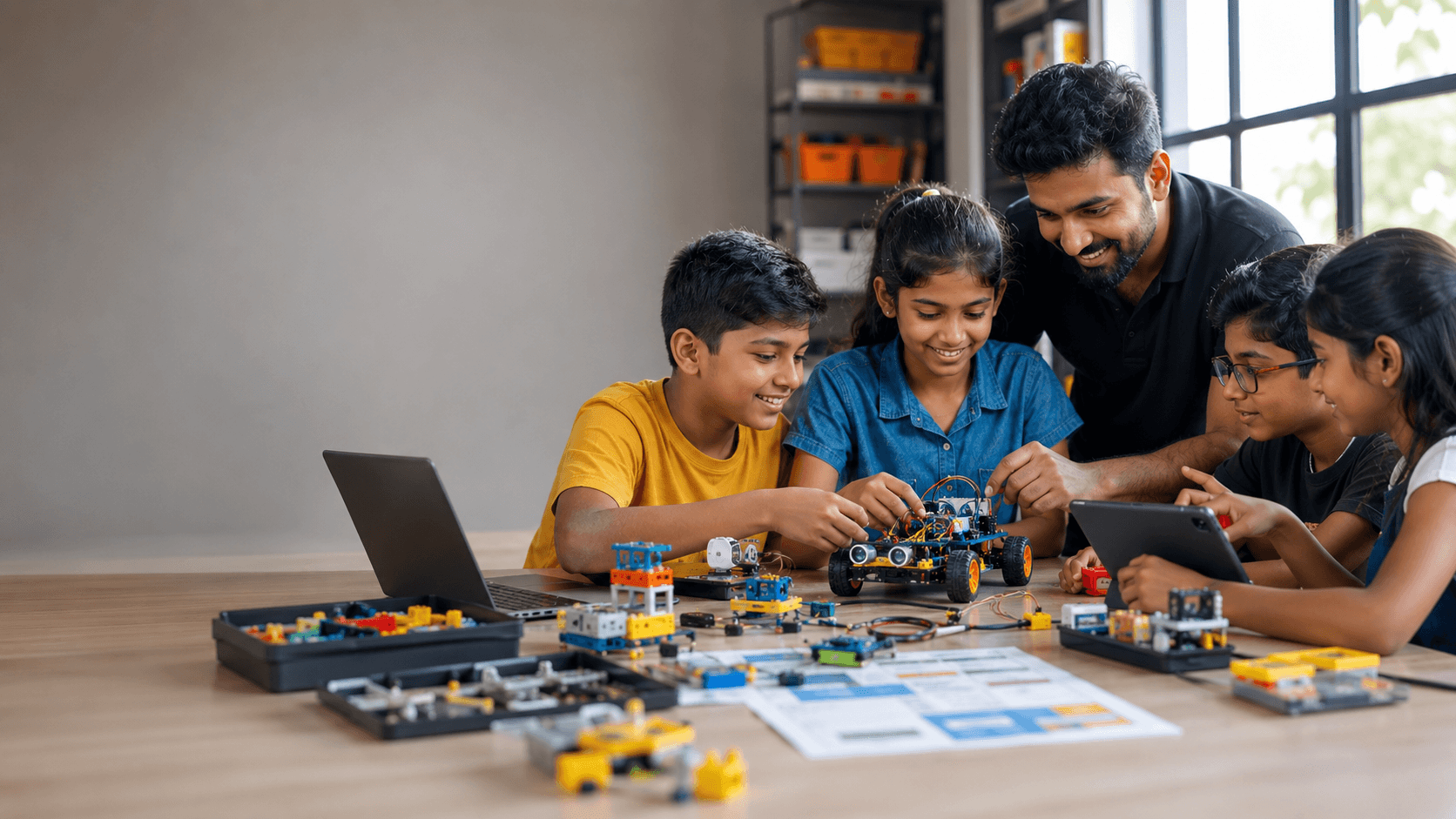 Young learners exploring a hands-on robotics project