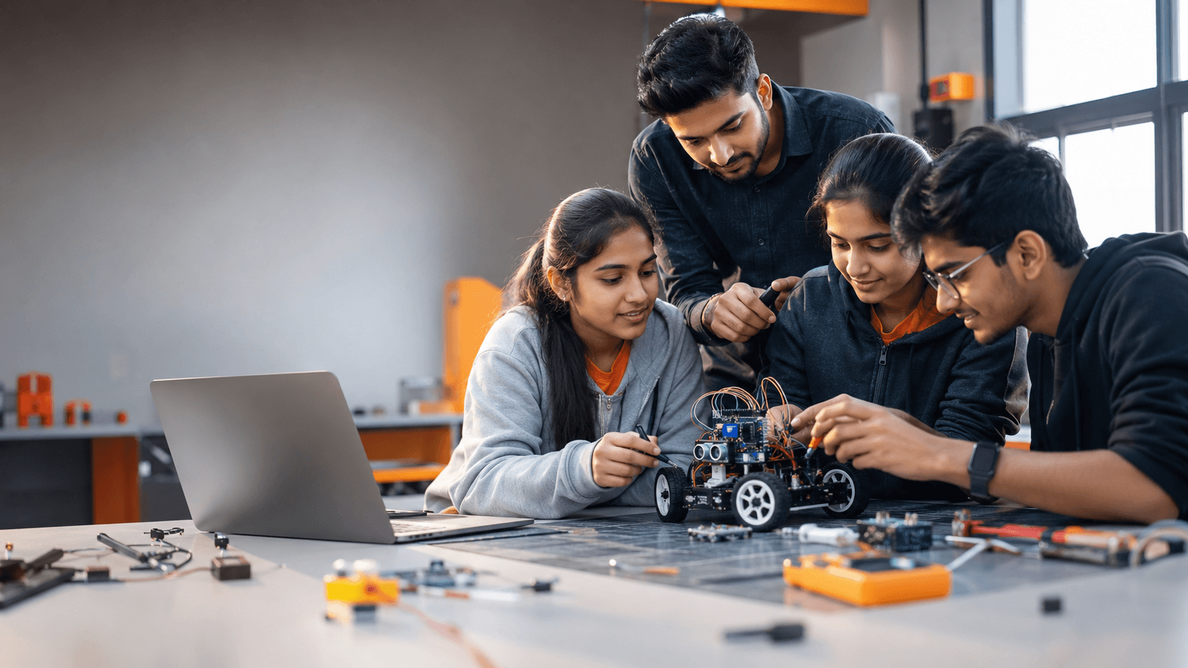 Students building a robotics project in a Robotic Sir lab